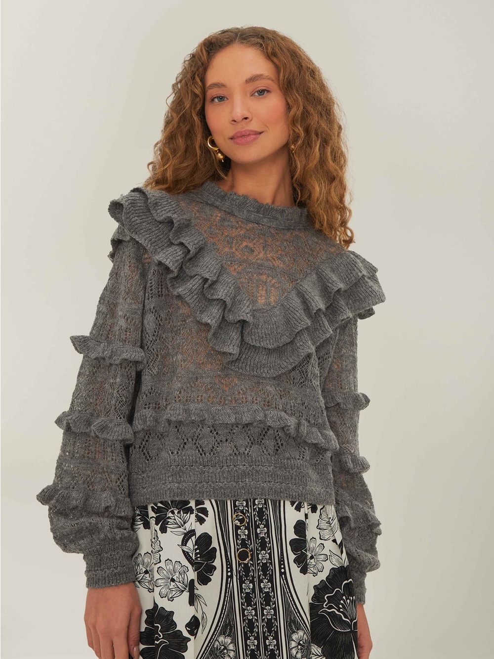 Gray Ruffle Knit Sweater